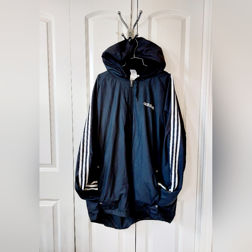 Y2k Adidas Black 3 Stripe Fleece Lined‎ Windbreaker size 2X Men's Coat 2001